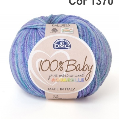 Novelo de lã azul e roxo com etiqueta 100% Baby merino wool cor 1370