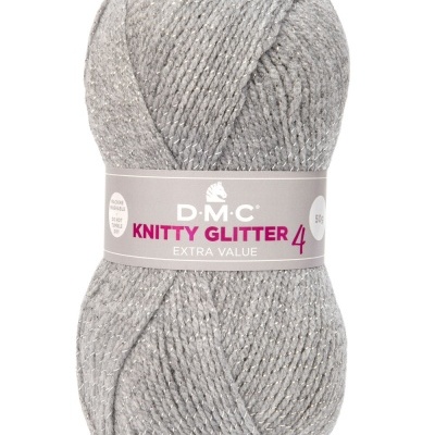 Novelo de lã cinzenta com brilhos prateados e etiqueta DMC KNITTY GLITTER 4 EXTRA VALUE