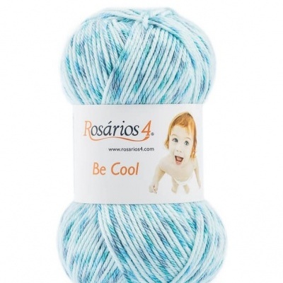 Novelo de lã azul e branco com etiqueta Rosários 4 Be Cool