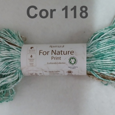 Skein of multicolored yarn with label 'For Nature Print' and text 'Cor 118' above