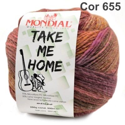Novelo de lã multicolorido castanho, rosa e roxo, etiqueta MONDIAL TAKE ME HOME cor 655