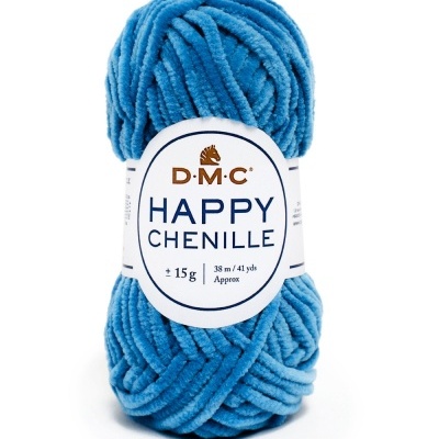 Novelo de lã azul tipo chenille DMC Cor 26 em fundo branco