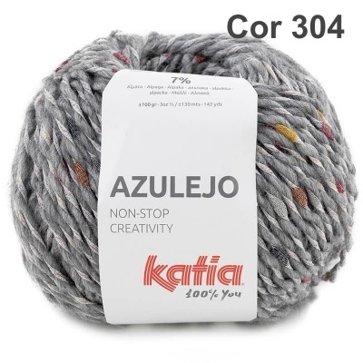 Novelo de lã cinza com fios coloridos e etiqueta Katia Azulejo