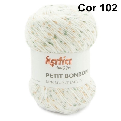 Novelo de lã Katia Petit Bonbon branco com pontos verdes e laranja