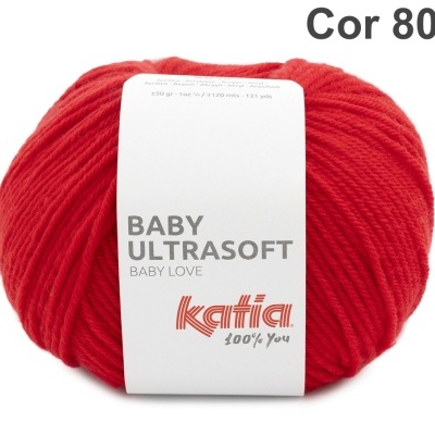 Novelo vermelho de lã com etiqueta branca Katia Baby Ultrasoft Cor 80