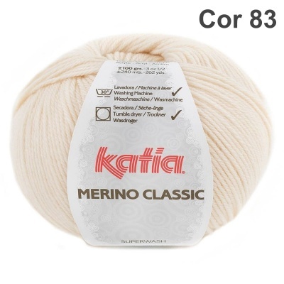 Novelo de lã Katia Merino Classic cor creme clara com etiqueta branca