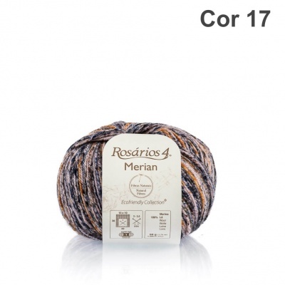 Novelo de fio Merian Rosários 4 cor 17 em tons cinza, laranja e bege com etiqueta
