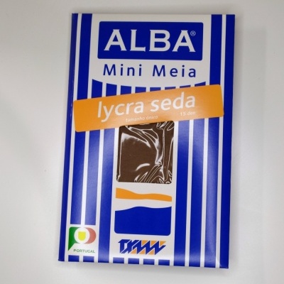 Embalagem azul e branca de meias ALBA Mini Meia com selo Portugal e texto lycra seda.