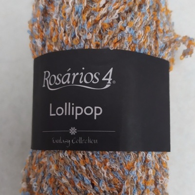 Novelo de lã Rosários4 Lollipop com etiqueta preta e mistura de cores laranja, azul e branco.