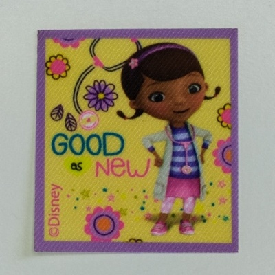 Adesivo quadrado com personagem de desenho animado e texto GOOD as NEW