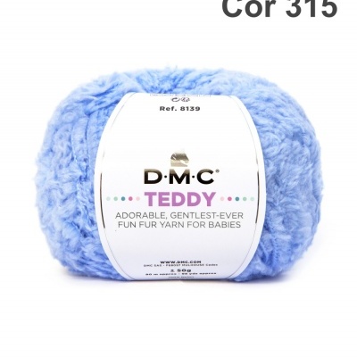 Novelo de lã azul tipo pelúcia DMC TEDDY com etiqueta branca
