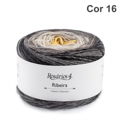 Novelo de lã Rosários 4 Ribeira em tons degradê cinza e amarelo