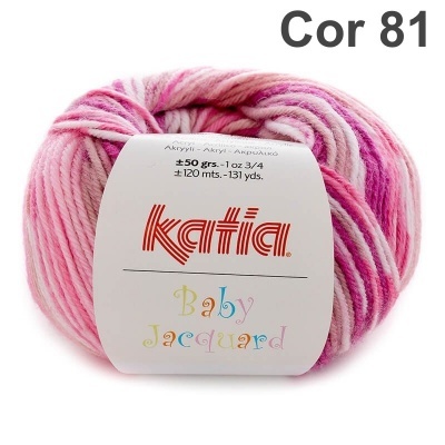 Novelo de lã Katia Baby Jacquard com cores rosa, branco e lilás, etiqueta informativa e fundo branco