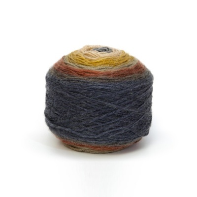 Bolt de fio multicolorido com tons de cinzento escuro, amarelo, laranja e bege, com texto Cor 205