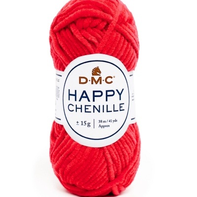 Novelo de lã chenille vermelho D.M.C HAPPY CHENILLE com etiqueta e texto Cor 34