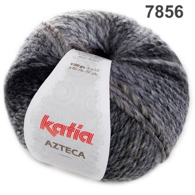 Novelo de lã Katia Azteca cinzento com etiqueta branca e texto vermelho