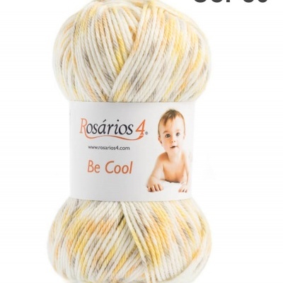 Novelo de lã multicolorido com etiqueta Rosários 4 e imagem de bebé