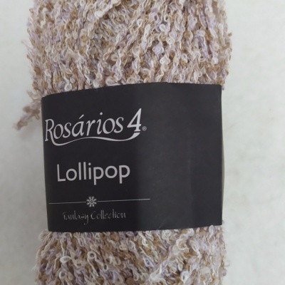 Novelo de fio bege e branco com etiqueta preta Rosários 4 Lollipop