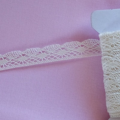 Renda branca floral enrolada num cartão sobre fundo rosa com texto Renda 7