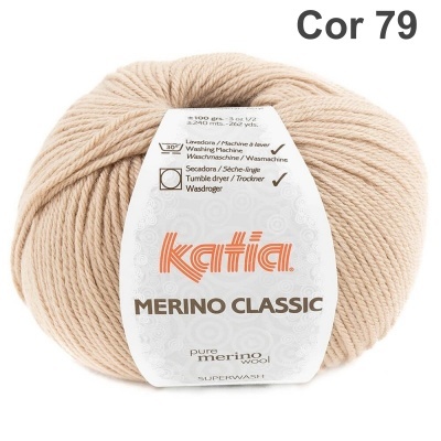 Novelo de fio bege Katia Merino Classic com etiqueta branca