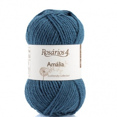 Novelo de lã azul Rosários 4 Amália com etiqueta branca e castanha