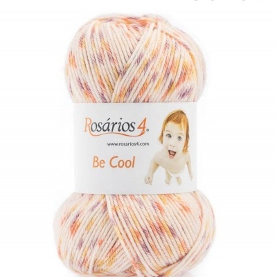 Novelo de lã multicolor em tons pastel com etiqueta e imagem de bebé