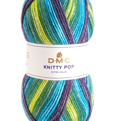 Novelo de lã colorida DMC Knitty Pop com etiqueta branca