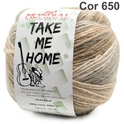 novelo de lã bege, castanho e cinza com etiqueta branca 'Take Me Home' Mondial