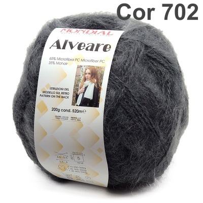 Novelo de lã cinzento escuro com etiqueta informativa da marca Mondial