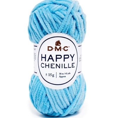 novelo de lã azul claro da marca D.M.C. modelo HAPPY CHENILLE com etiqueta visível