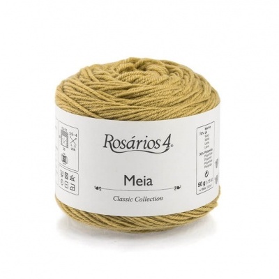 Novelo de fio de lã castanho Rosários 4 Meia Classic Collection com rótulo branco