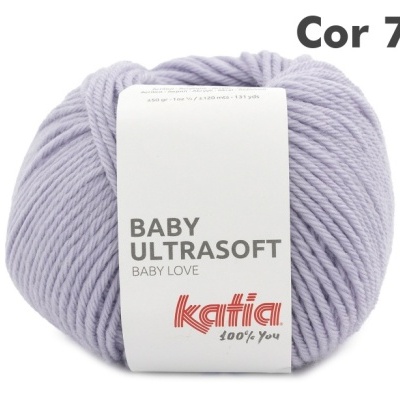 Novelo de lã lilás claro Katia Baby Ultrasoft com etiqueta branca