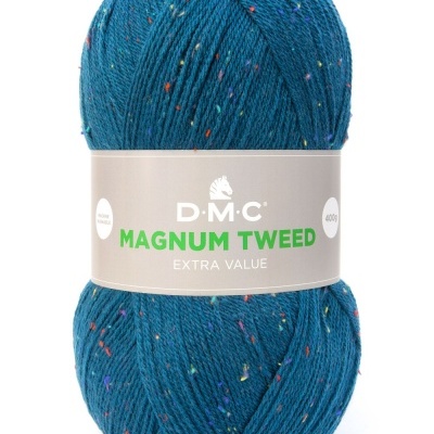 Novelo de lã azul com salpicos coloridos, etiqueta D.M.C MAGNUM TWEED