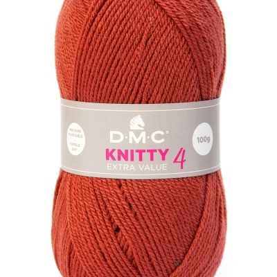 Novelo de lã cor terracota com etiqueta D.M.C KNITTY 4 EXTRA VALUE e peso 100g.