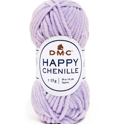 Novelo de lã chenille lilás claro com etiqueta da marca D M C.