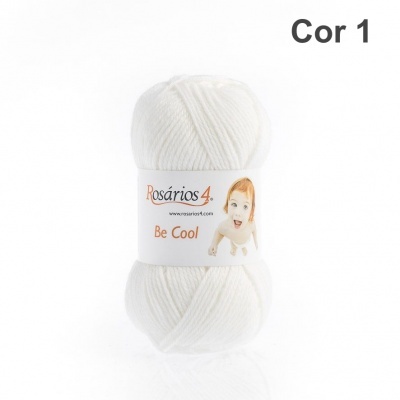 Novelo de lã branca Rosários 4 Be Cool com etiqueta e imagem de criança