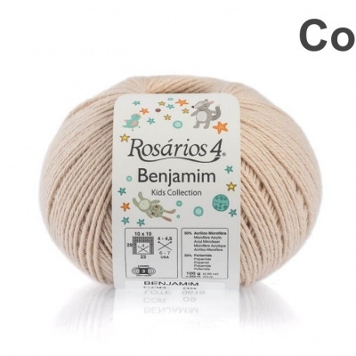 Novelo de lã bege Rosários 4 Benjamim com rótulo branco e texto