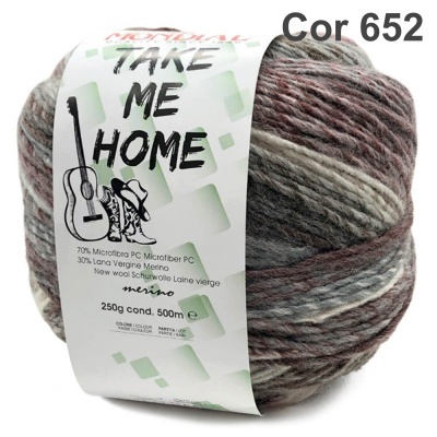 Novelo de lã multicolorida cinzenta, castanha e creme com etiqueta branca TAKE ME HOME