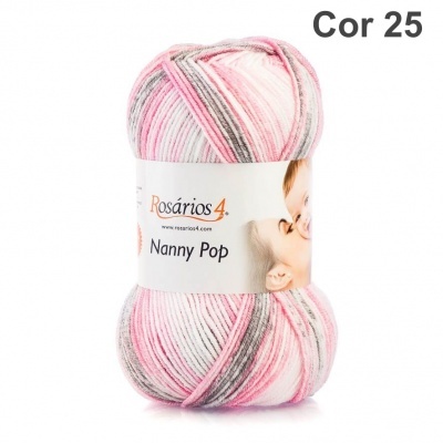 Novelo de lã Rosários 4 Nanny Pop cor 25 com tons rosa, branco e cinzento