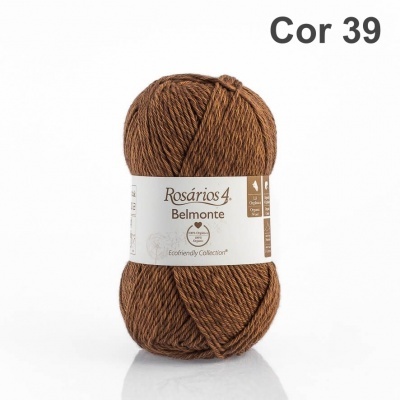Novelo de lã castanha Rosários 4 Belmonte Cor 39 com etiqueta branca