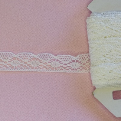 Renda branca com padrão floral enrolada em cartão sobre fundo rosa com texto
