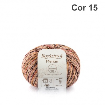 Novelo de lã multifacetada castanho e laranja com etiqueta branca Rosários 4 Merian Cor 15