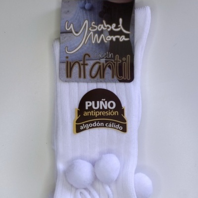 Meias infantis brancas com pompons e etiqueta Isabel Mora