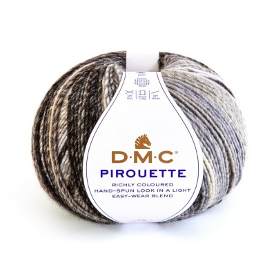 Novelo de fio DMC PIROUETTE em cores castanho, cinza e bege com etiqueta branca