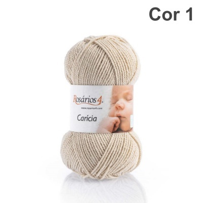 Novelo de lã bege claro Rosários 4 Carícia com etiqueta e imagem de bebé