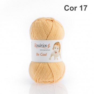 Novelo de lã cor bege claro Rosários 4, etiqueta branca com texto e imagem de bebé