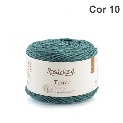 Novelo de fio Rosários 4 Terra cor 10 azul esverdeado com etiqueta branca.