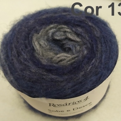 Novelo de lã azul e cinzento com rótulo Rosários 4 em fundo claro