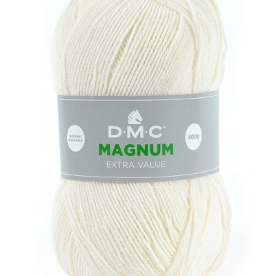 Novelo de fio creme D.M.C Magnum com rótulo cinza