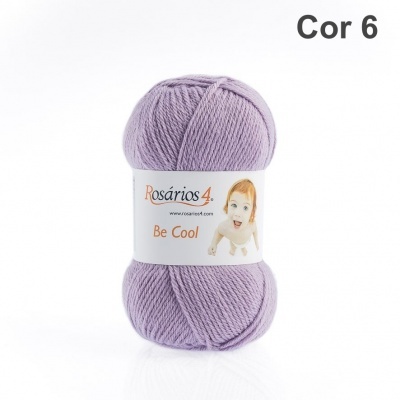 Novelo de lã lilás com etiqueta Rosários 4 e texto 'Be Cool'.